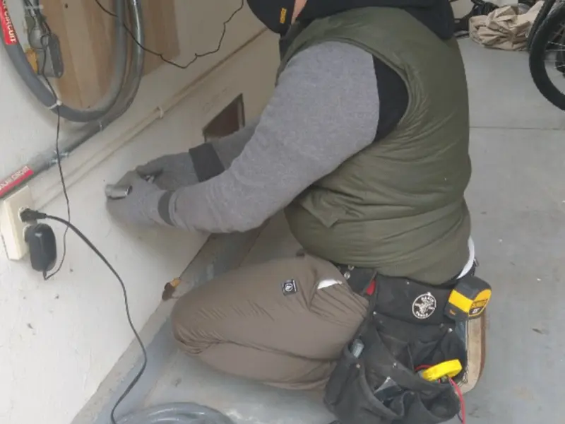 Electrician performing outlet wiring in a Blackwell garage